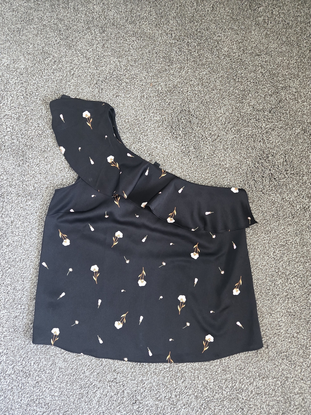 Ann Taylor Factory Black One-Shoulder Floral Ruffle Tank